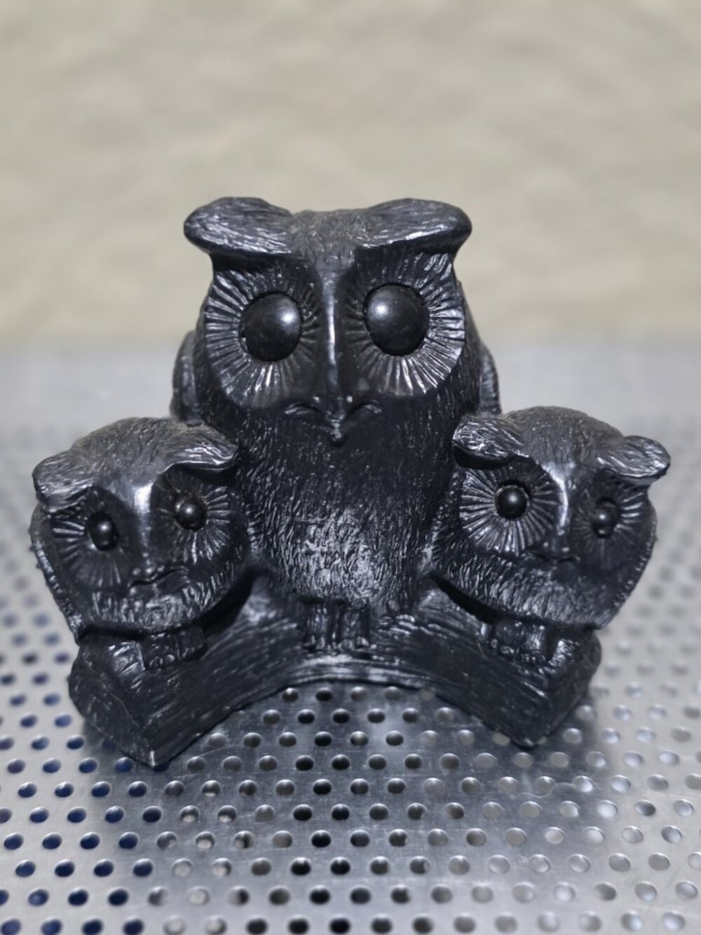 Soapstone Black Owls Family on a Log Figurine